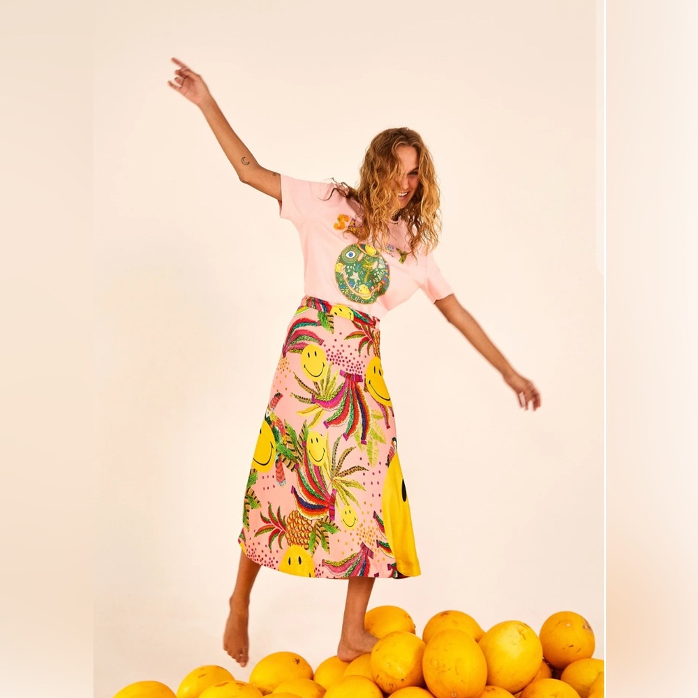Farm Rio x Smiley Skirt: rainbow bananas smiley midi skirt